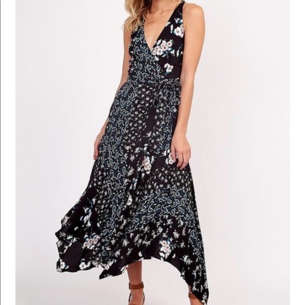 Olivaceous Black Surplice Floral Wrap Maxi Dress Size Large